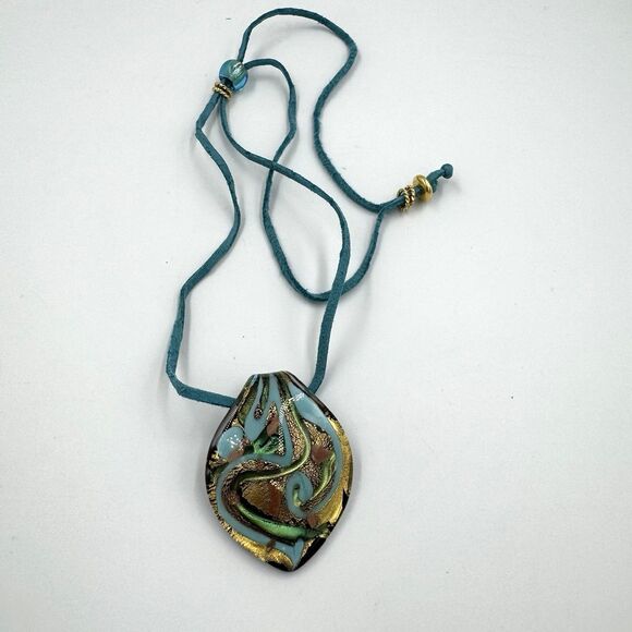 Murano Glass Necklace Pendant Black Teal Blue Green Aqua Art Deco 2" Leather - Picture 4 of 12